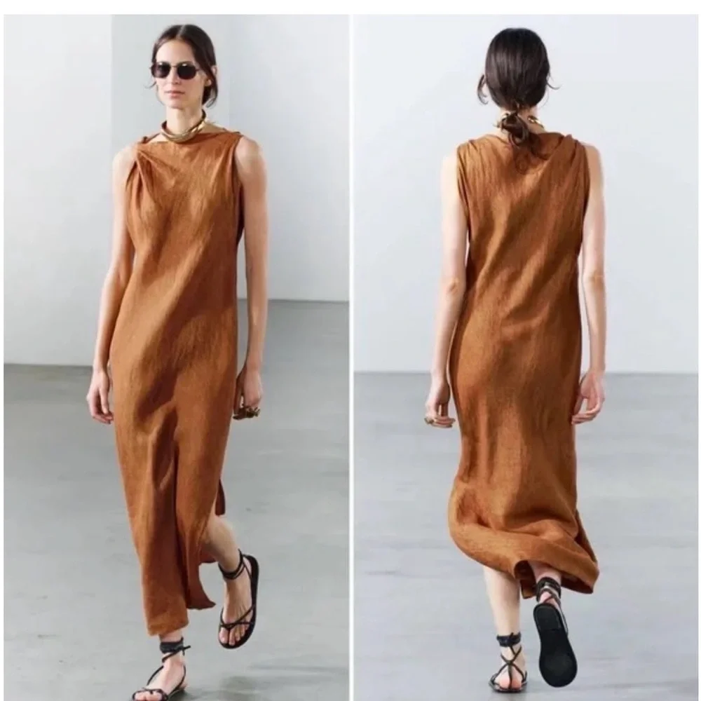 Zara Rust Brown Midi Dress Linen Size X-Small - Picture 3 of 3